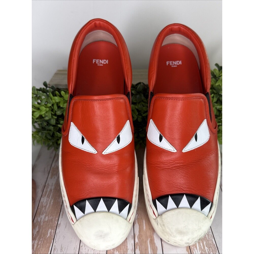 Fendi Red Monster Bug Eye Leather Slip On Sneakers Women's 10 / EU 40 Luxury - Picture 7 of 8